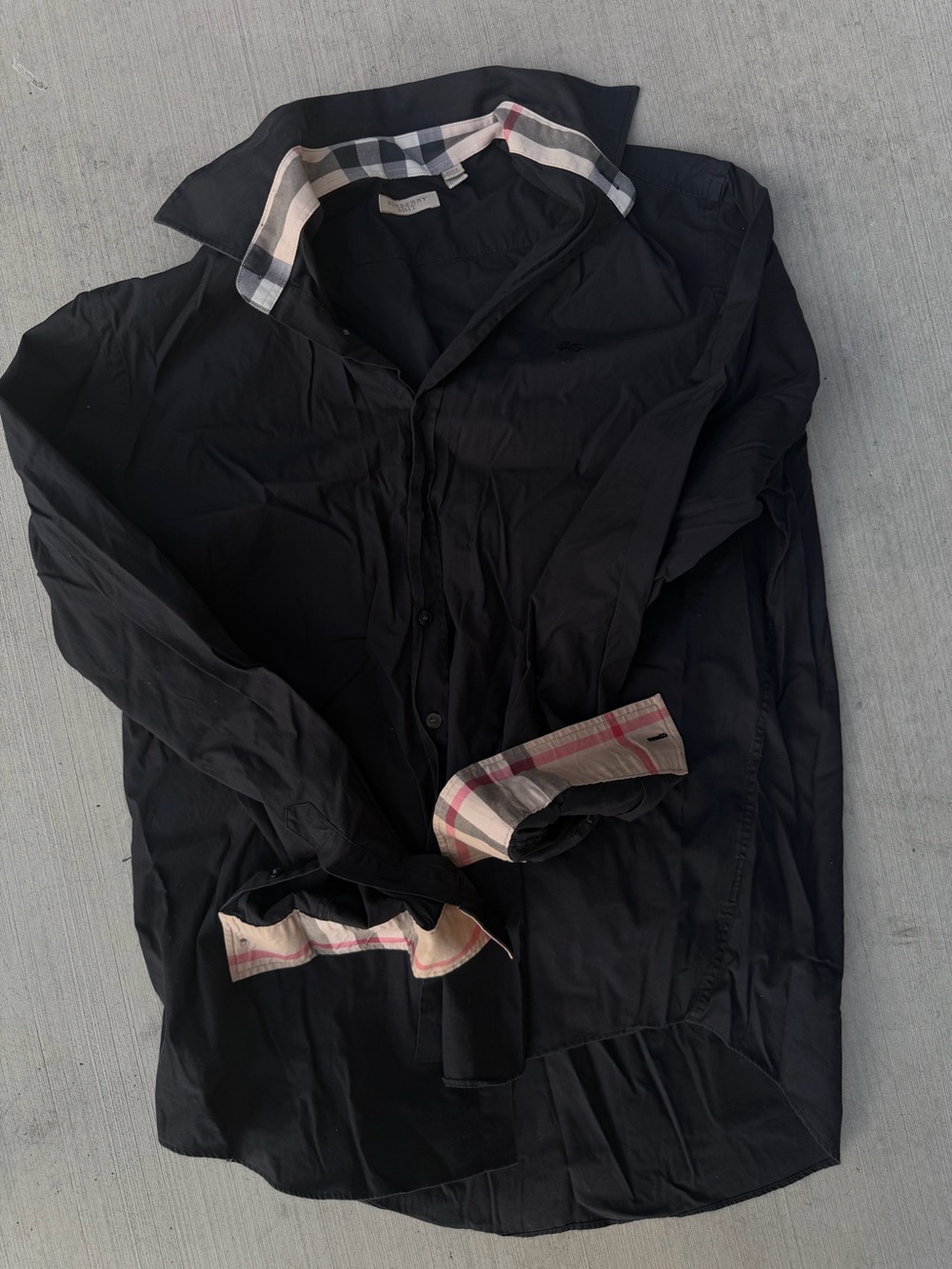 Burberry Black Button-Down Shirt with Signature Plaid Trim